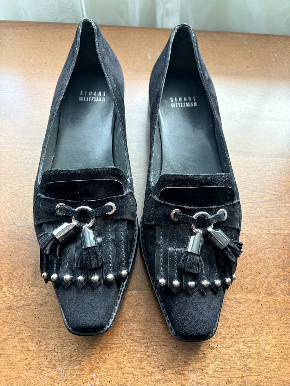 Stuart Weitzman Black Suede Tassel Kiltie Loafers